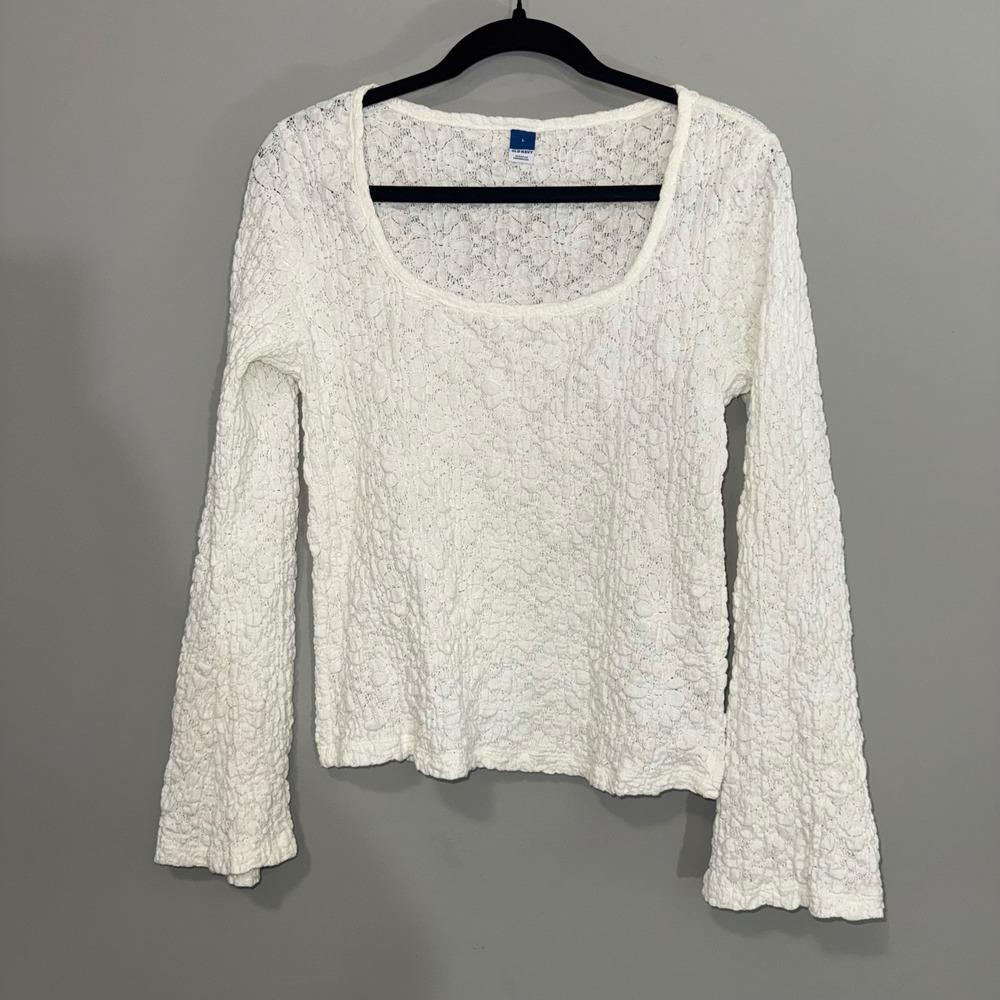 Old Navy Womens White‎ Floral Textured Lace Scoop Neck Bell Sleeve Top Large L